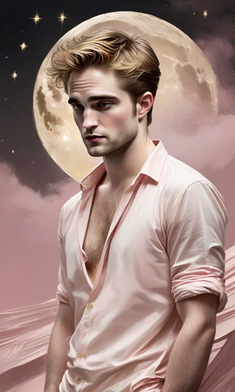  concept art pink, gold, black, white moonlight robert pattinson to the waist in a gold shirt behind . digital artwork, illustrative, painterly, matte painting, highly detailed, perfect hands