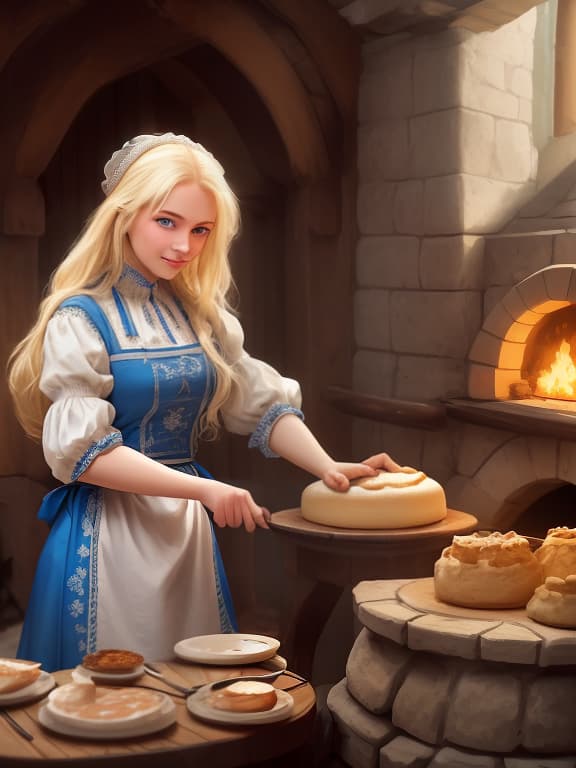  masterpiece, the best quality, a russian woman in traditional clothes prepares cakes in a stone oven, a very light smile, tense, piercing eyes, blue eyes, flowing blond hair, dressed in a traditional russian outfit, cooks in the open air, inside a wooden castle, against the background of an ancient russian throne room in a wooden castle, cartoon style, cute,