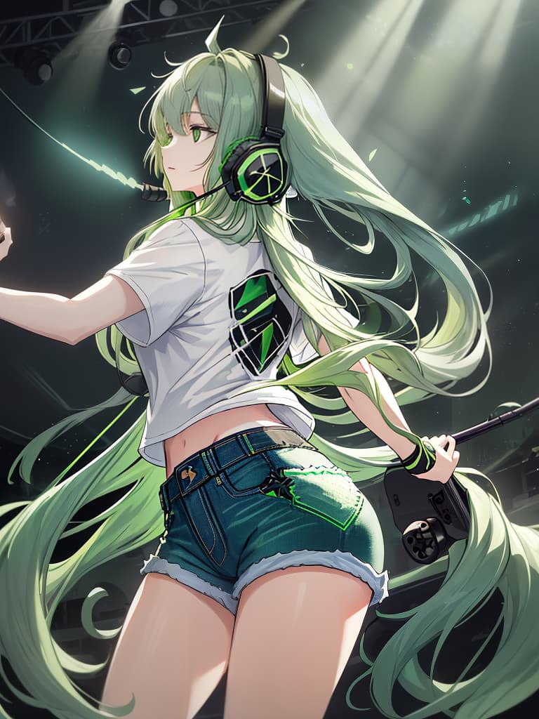  (white background:1.3),(extremely detailed fine touch:1.3),(hard light,studio light,light rays,dappled light,reflection,shadows,ray tracing:1.0),///,,(((green very long hair:1.3))),headphone,forehead,having a bird's eye view,anime style,super fine ilration,highly detailed,dynamic angle,beautiful detailed,8k,on stage break a woman,(((headphone:1.3))),on both ,strumming an electric guitar. she arches her back,closes her eyes and looks joyful. break a spotlight shines on her,(t shirt:1.3),(denim shorts:1.3),(black les paul custom:1.3)