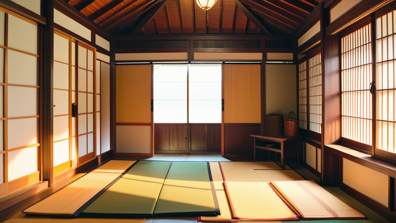  a serene japanese workshop, showcasing intricate wooden joinery techniques. sunlight streams through shoji screens, illuminating hand carved tools and finely crafted wooden joints, surrounded by natural wood shavings and traditional tatami mats. hyperrealistic, full body, detailed clothing, highly detailed, cinematic lighting, stunningly beautiful, intricate, sharp focus, f/1. 8, 85mm, (centered image composition), (professionally color graded), ((bright soft diffused light)), volumetric fog, trending on instagram, trending on tumblr, HDR 4K, 8K