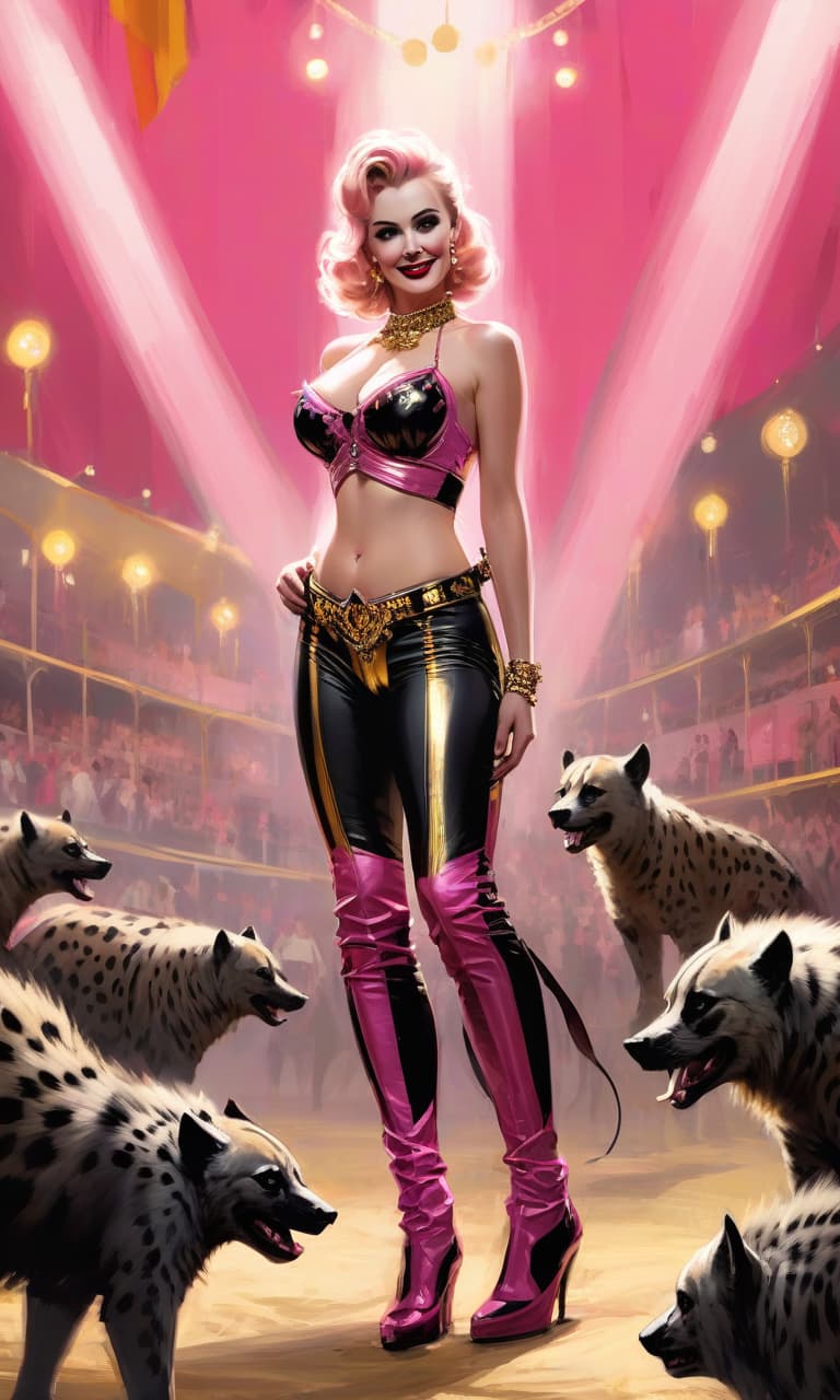  concept art pink, gold, black, white at the margot robbins circus behind the balls margot robbins to the waist in the form of harley queen in pants two hyena . digital artwork, illustrative, painterly, matte painting, highly detailed, perfect hands