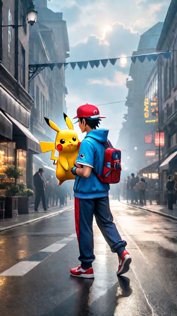  ash ketchum with pikachu from pokémon, standing together, sparks flying between them, anime art hyperrealistic, full body, detailed clothing, highly detailed, cinematic lighting, stunningly beautiful, intricate, sharp focus, f/1. 8, 85mm, (centered image composition), (professionally color graded), ((bright soft diffused light)), volumetric fog, trending on instagram, trending on tumblr, HDR 4K, 8K