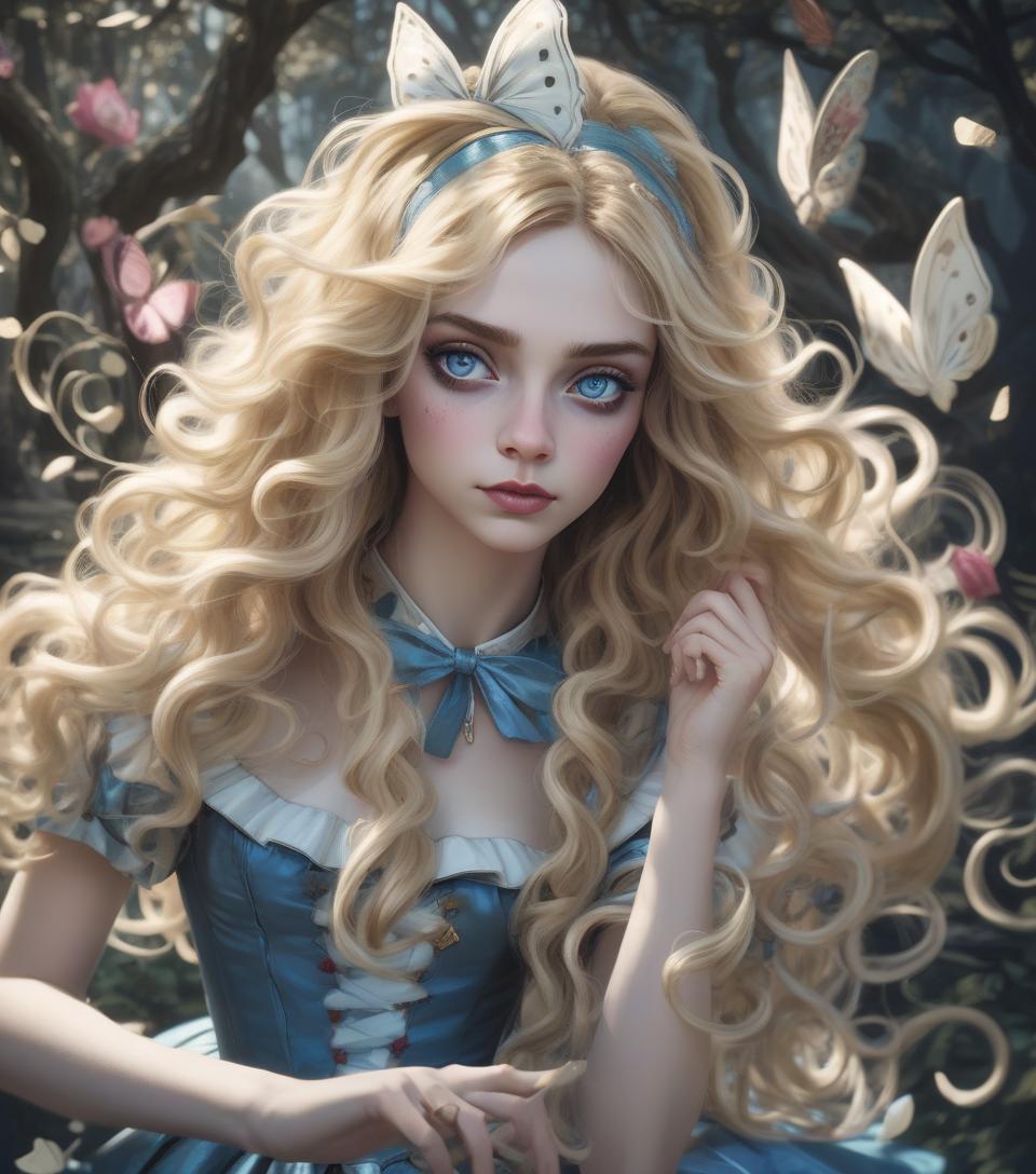  breathtaking beauty, ((portrait)) of twisted ((alice in wonderland)) long flyaway wavy blonde hair, cute, whimsical, intricate, foreboding, audacious detailed fantasy, moonlight and shadows charming, fabled colors, dark vision ((skyrim)) digital art magnum opus