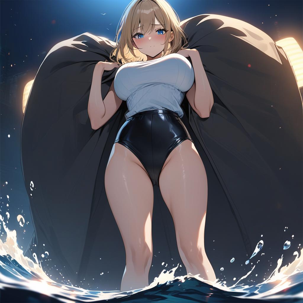  1 , legs, , in the water, chubby stomach, blonde hair long, blue eyes that are detailed and bright, large s. a man is holding her s with his hands, standing behind her, is worried expression with fierce blush, dark lighting, nighttime, stars, beautiful lighting, 4k ultra hd, award winning, professional, highly detailed, masterpiece