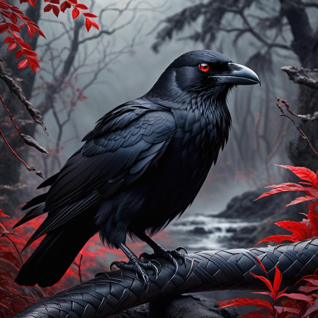  a black crow with blood red eyes and a black snake in a dark fantasy landscape photo realistic, highly intricate and detailed, masterpiece, ultra high res,photography,8k resolution