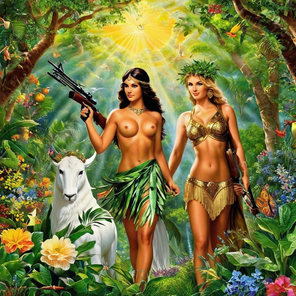  make me a photo of adam and eve in the garden of eden. god almighty is handing them weapons. smiles are on their faces., award winning, professional, highly detailed, masterpiece