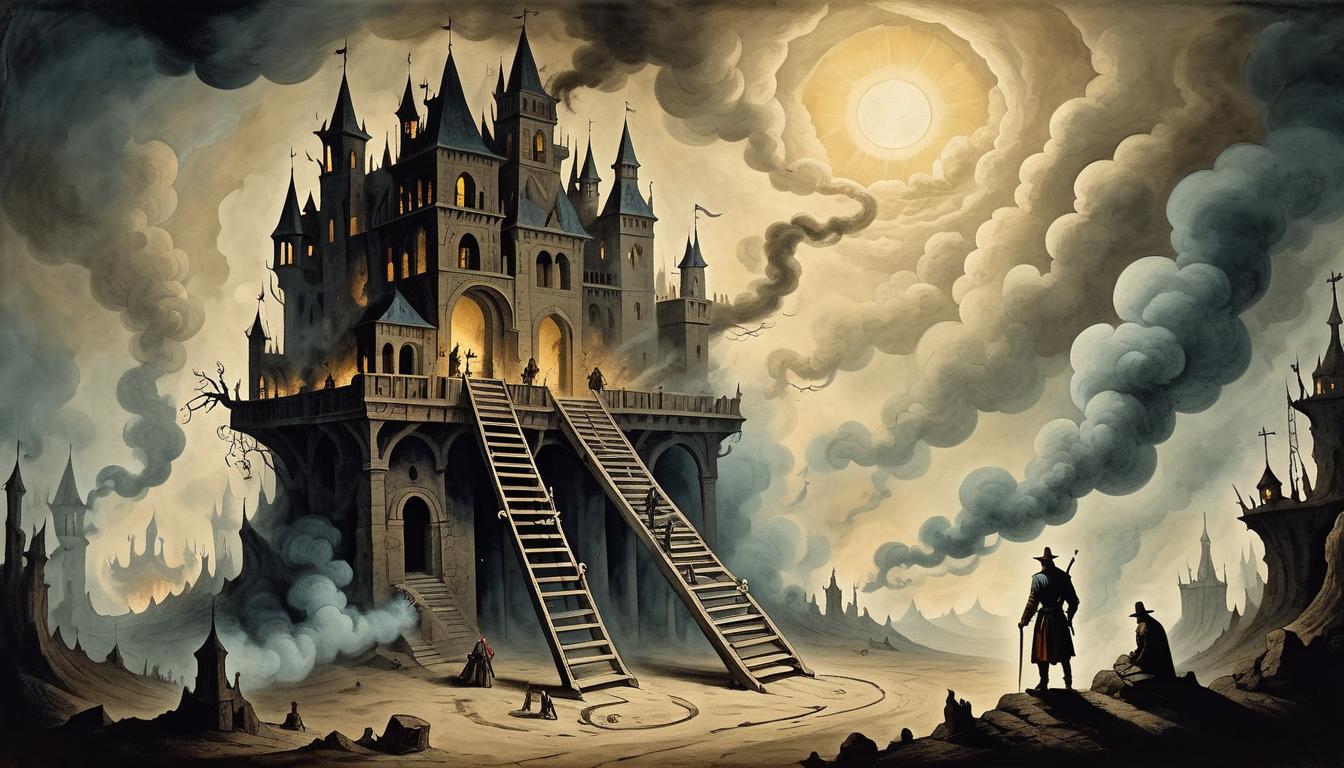  on parchment, surrealism+++, a determined figure climbing a radiant ladder, while shadowy figures below seem consumed by smoke and darkness, rising ambition, transcending negativity(mysterious, provocative, symbolic,muted color)+++