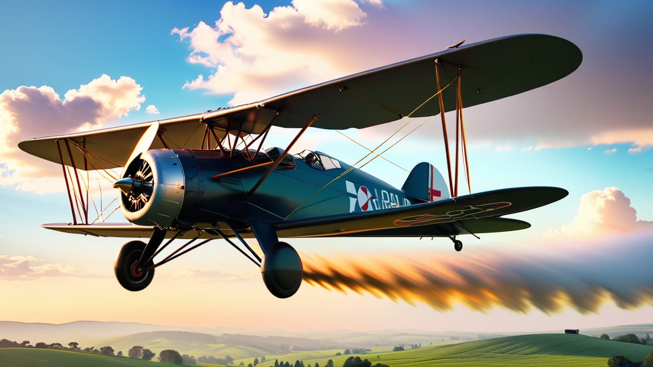  a vintage biplane soaring through a clear blue sky, with fluffy white clouds surrounding it, over a picturesque landscape of rolling hills and a small airfield, evoking the dawn of aviation in the early 1900s. hyperrealistic, full body, detailed clothing, highly detailed, cinematic lighting, stunningly beautiful, intricate, sharp focus, f/1. 8, 85mm, (centered image composition), (professionally color graded), ((bright soft diffused light)), volumetric fog, trending on instagram, trending on tumblr, HDR 4K, 8K