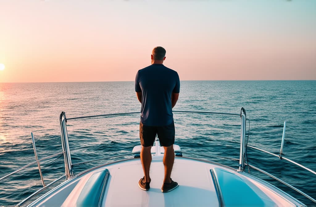  professional detailed photography, man on a yacht at sea, man stands with his back to the camera, sunset, blurred background ar 3:2, (muted colors, dim colors, soothing tones), (vsco:0.3)