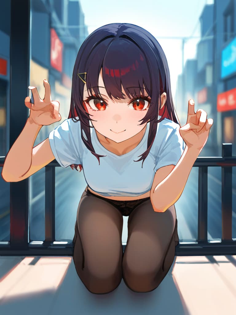  (✌peace pose:2.0)masterpiece,beautiful girl,nice body,(long legs:1.5)(ponytail:1.5)(white short sleeve t shirt:2.0)(in red shorts:2.0)(peace pose✌:2.0)(smile)(wearing black panty hose:2.0)(full body:1.7)(in town:1.5)(sitting shallow on guardrail:1.7)(close up:1.5)high quality,16k