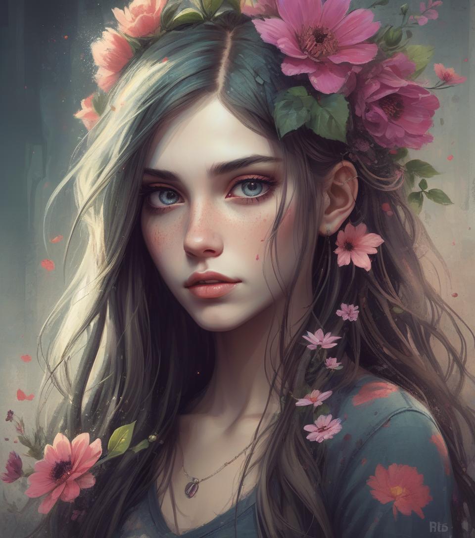  grunge style a girl with long hair and flowers in her hair, beautiful character painting, beautiful digital art, beautiful digital artwork, beautiful digital illustration, gorgeous digital art, beautiful digital painting, beautiful fantasy art portrait, fantasy art style, exquisite digital illustration, beautiful gorgeous digital art, gorgeous digital painting, very beautiful digital art, rossdraws digital painting, extremely detailed artgerm . textured, distressed, vintage, edgy, punk rock vibe, dirty, noisy