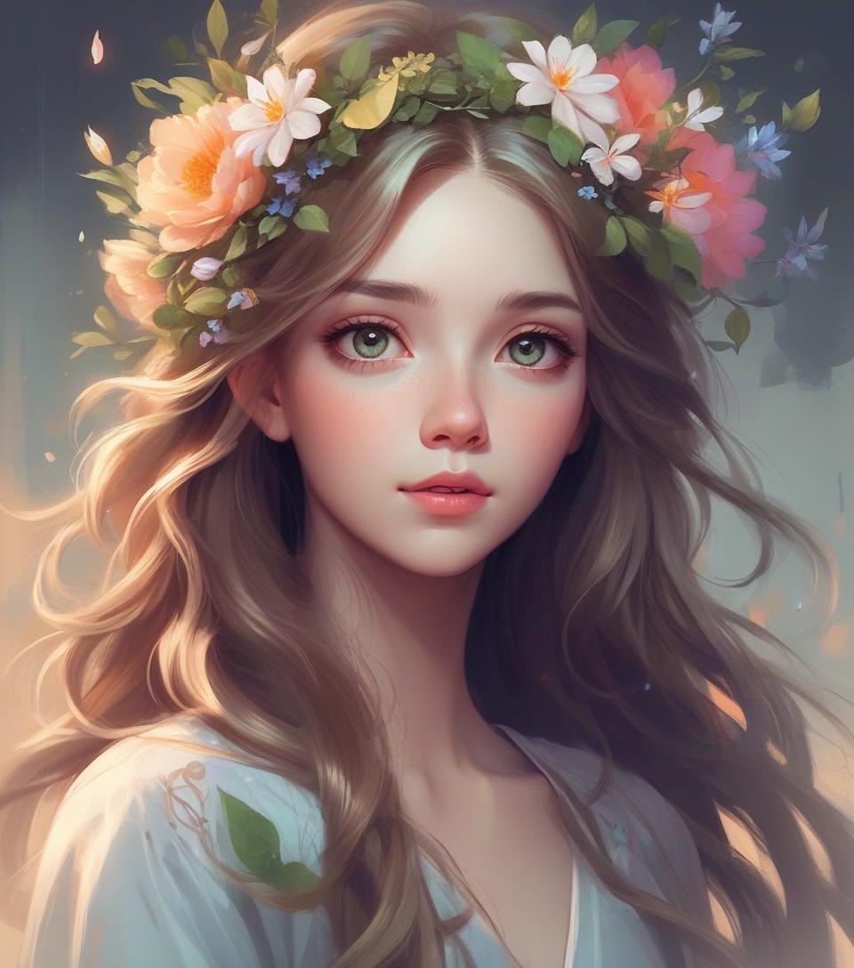  a girl with long hair and flowers in her hair, beautiful character painting, beautiful digital art, beautiful digital artwork, beautiful digital illustration, gorgeous digital art, beautiful digital painting, beautiful fantasy art portrait, fantasy art style, exquisite digital illustration, beautiful gorgeous digital art, gorgeous digital painting, very beautiful digital art, rossdraws digital painting, extremely detailed artgerm