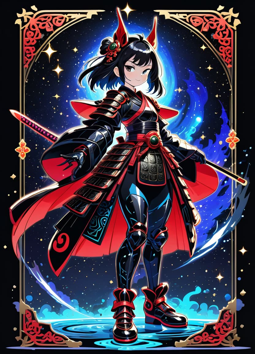  a humorous illustration. bright colors, cartoon style. on the black background, shiny contours outlines of silhouette of a japanese samurai girl in black samurai armor, in full length, in patent leather black shoes, made of blue star and red comet, frame with intricate thin ornamentation from comet, stars and cosmic dust: (thin: 1,4) lines ,