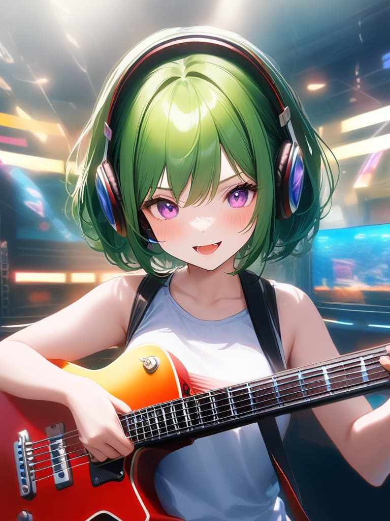  1girl,18yo,(((high school girl))),(((playing with an electric guitar:1.35))),green hair,short hair,purple eyes,headphone,very loud laugh,(((happy pose))),(((metallic focus))),music note effect,realistic