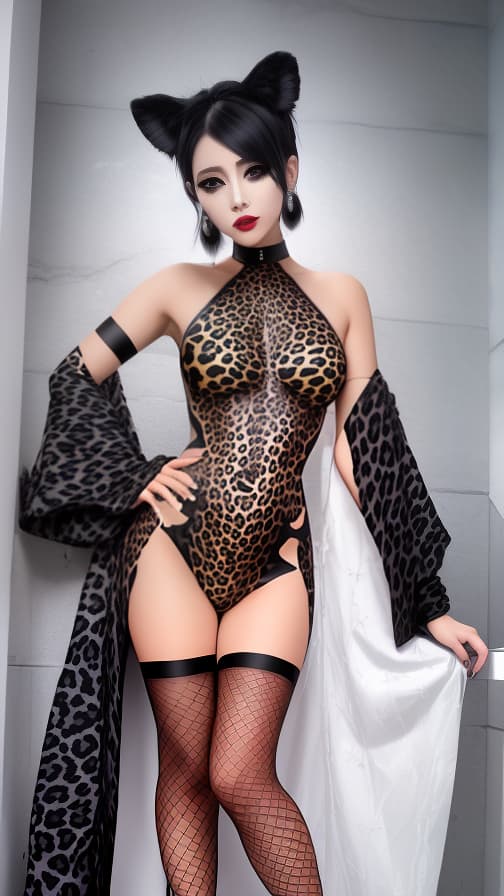  Black leopard pattern body paint in every corner of the whole body, white body paint on the whole body, leopard pattern face paint on the face, succubus full body image female