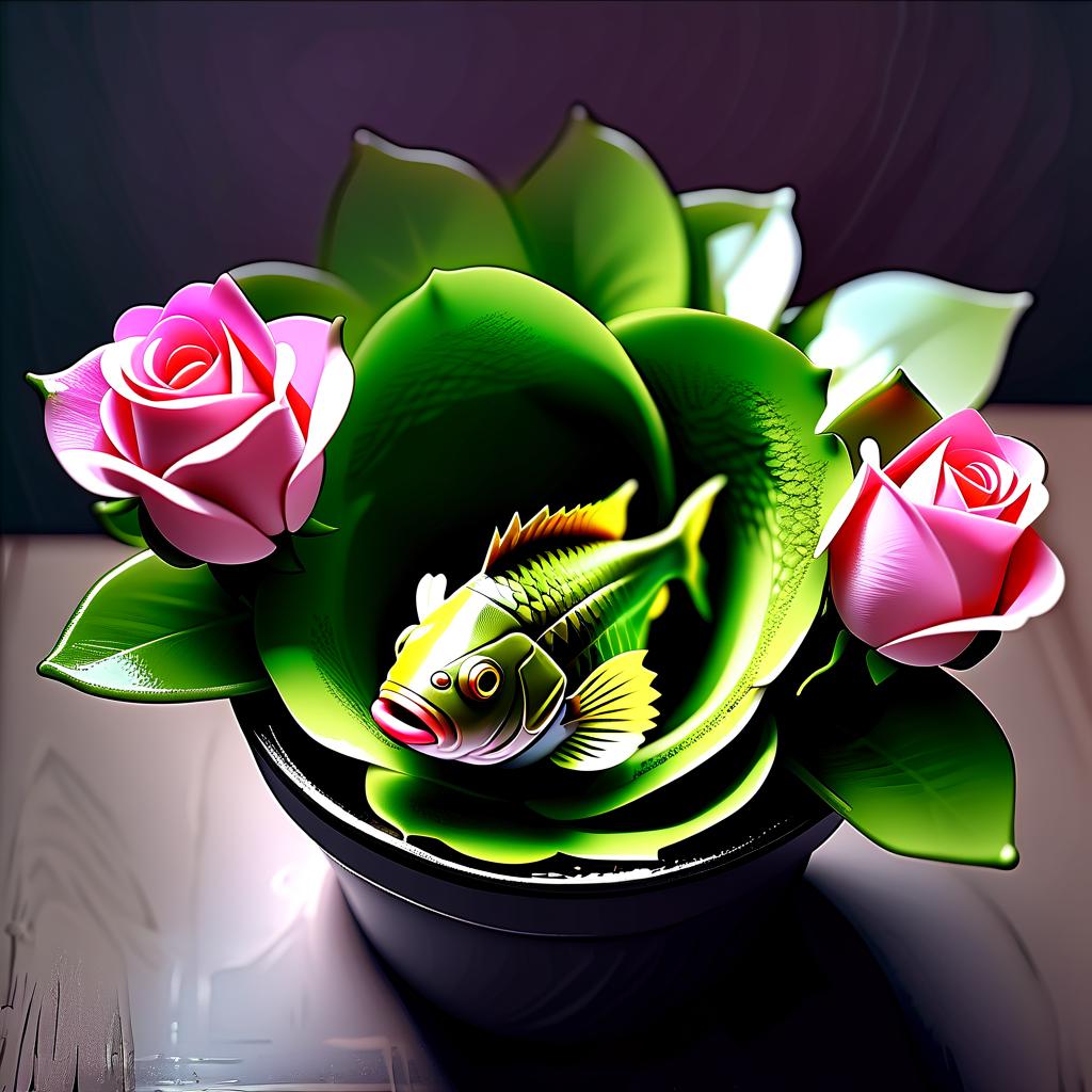  room flower in a pot. very dark green. buds. inside buds fish head. mouth fish mouth surrounded by petals. wrap fish head with rose petals