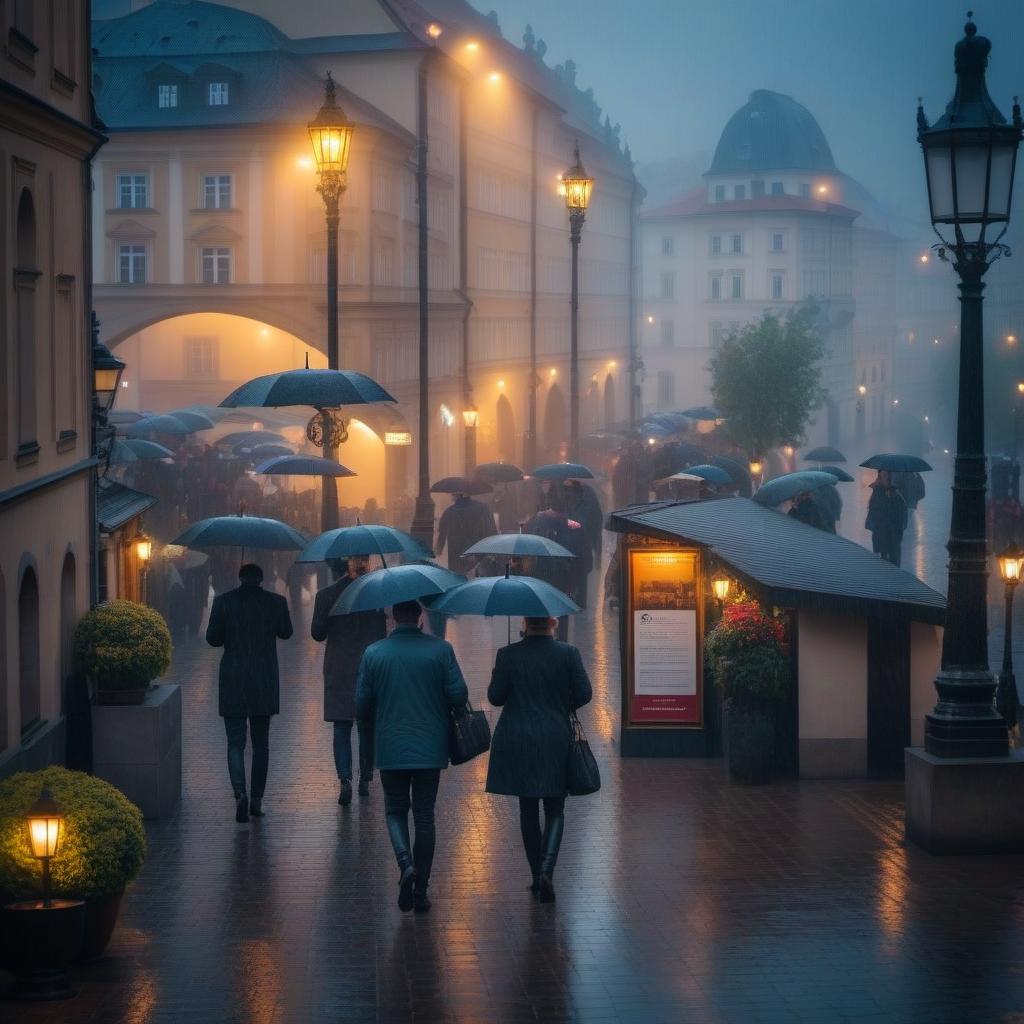  Rain in Prague, beautiful city landscape hyperrealistic, full body, detailed clothing, highly detailed, cinematic lighting, stunningly beautiful, intricate, sharp focus, f/1. 8, 85mm, (centered image composition), (professionally color graded), ((bright soft diffused light)), volumetric fog, trending on instagram, trending on tumblr, HDR 4K, 8K