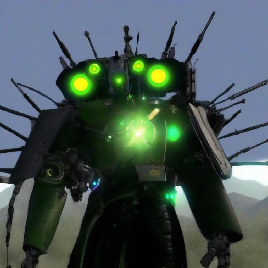  a mechanical robot is a titanium. with a router instead of a head, plus with alien technology, having a robot body, also knows the head covered with horns, and on the shoulders along with the routers there are guns, also has a core in the center of the torso.