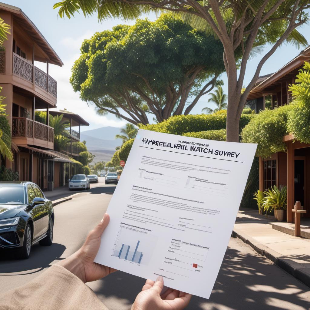  A visual representation of a neighborhood crime watch feedback survey for Lahaina burn zones. The survey should be laid out with clear sections and questions: General Information, Awareness and Participation, Perception of Safety, Effectiveness and Communication, Improvements and Suggestions, and Additional Comments. The design should be clean and easy to read, with icons or visuals to represent different sections, and spaces for respondents to write answers. hyperrealistic, full body, detailed clothing, highly detailed, cinematic lighting, stunningly beautiful, intricate, sharp focus, f/1. 8, 85mm, (centered image composition), (professionally color graded), ((bright soft diffused light)), volumetric fog, trending on instagram, trending on tumblr, HDR 4K, 8K