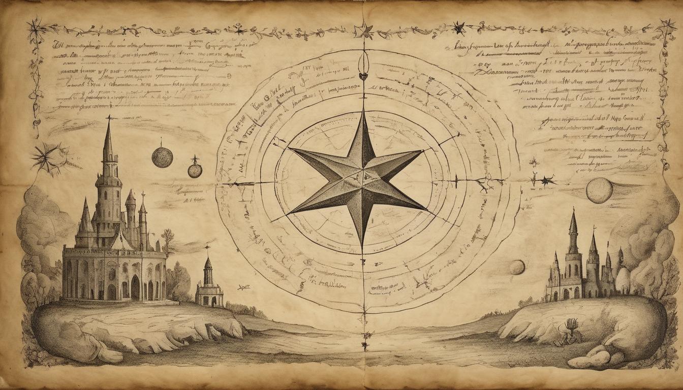  on parchment, surrealism++, celestial alignment with a star shining brightly, blocking out attempts to overshadow, cosmic inevitability, unstoppable light(mysterious, provocative, symbolic)++