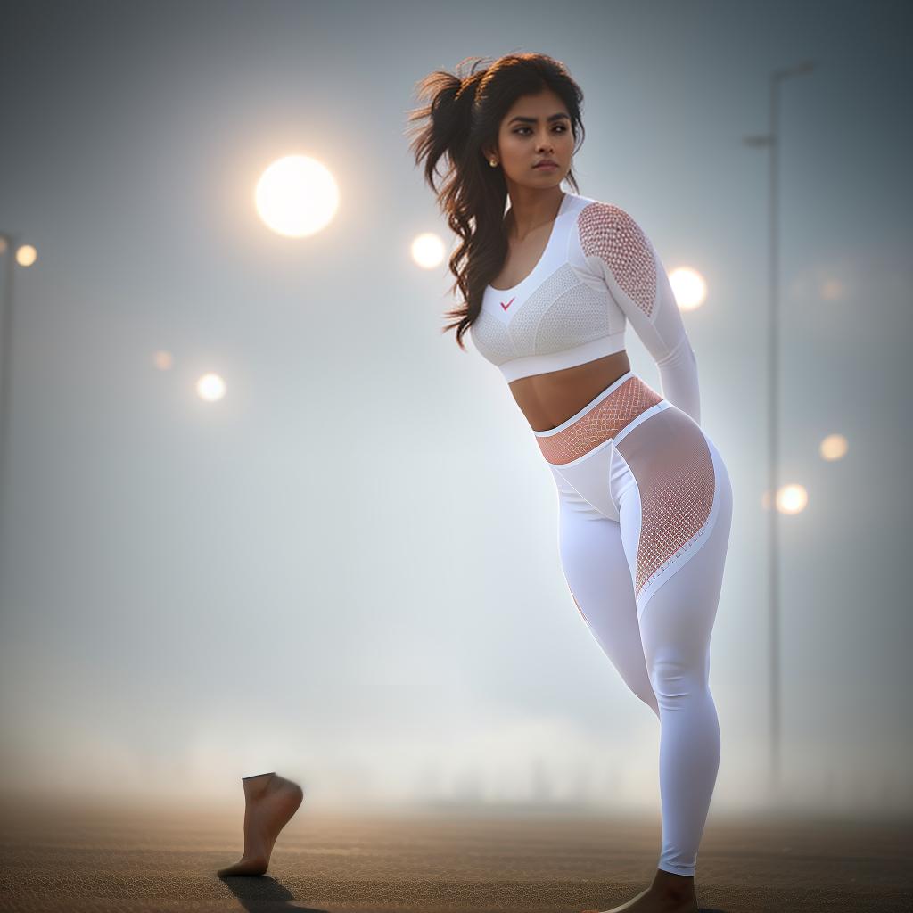  Indian woman wearing tights white leggings , hyperrealistic, high quality, highly detailed, cinematic lighting, intricate, sharp focus, f/1. 8, 85mm, (centered image composition), (professionally color graded), ((bright soft diffused light)), volumetric fog, trending on instagram, HDR 4K, 8K