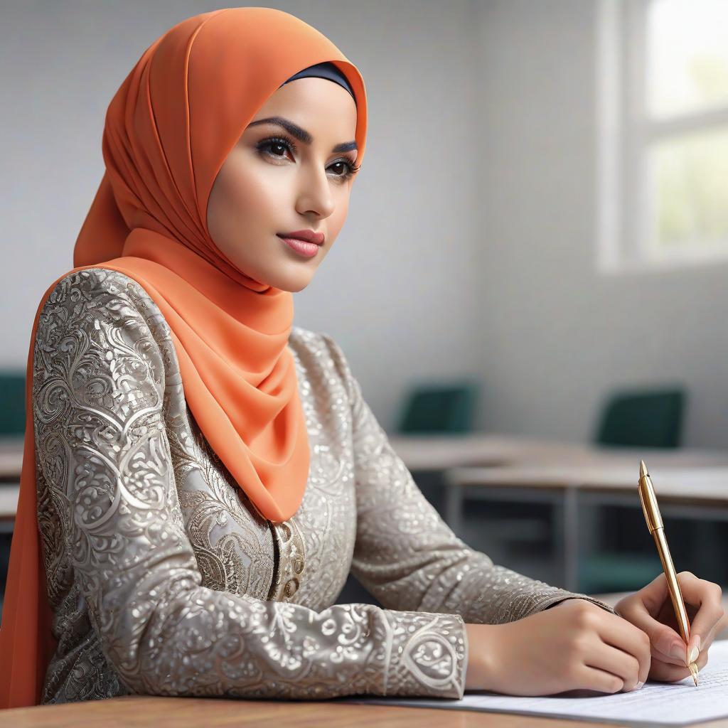  a muslim wearing a hijab on a desk in a clroom photo realistic, highly intricate and detailed, masterpiece, ultra high res,photography,8k resolution