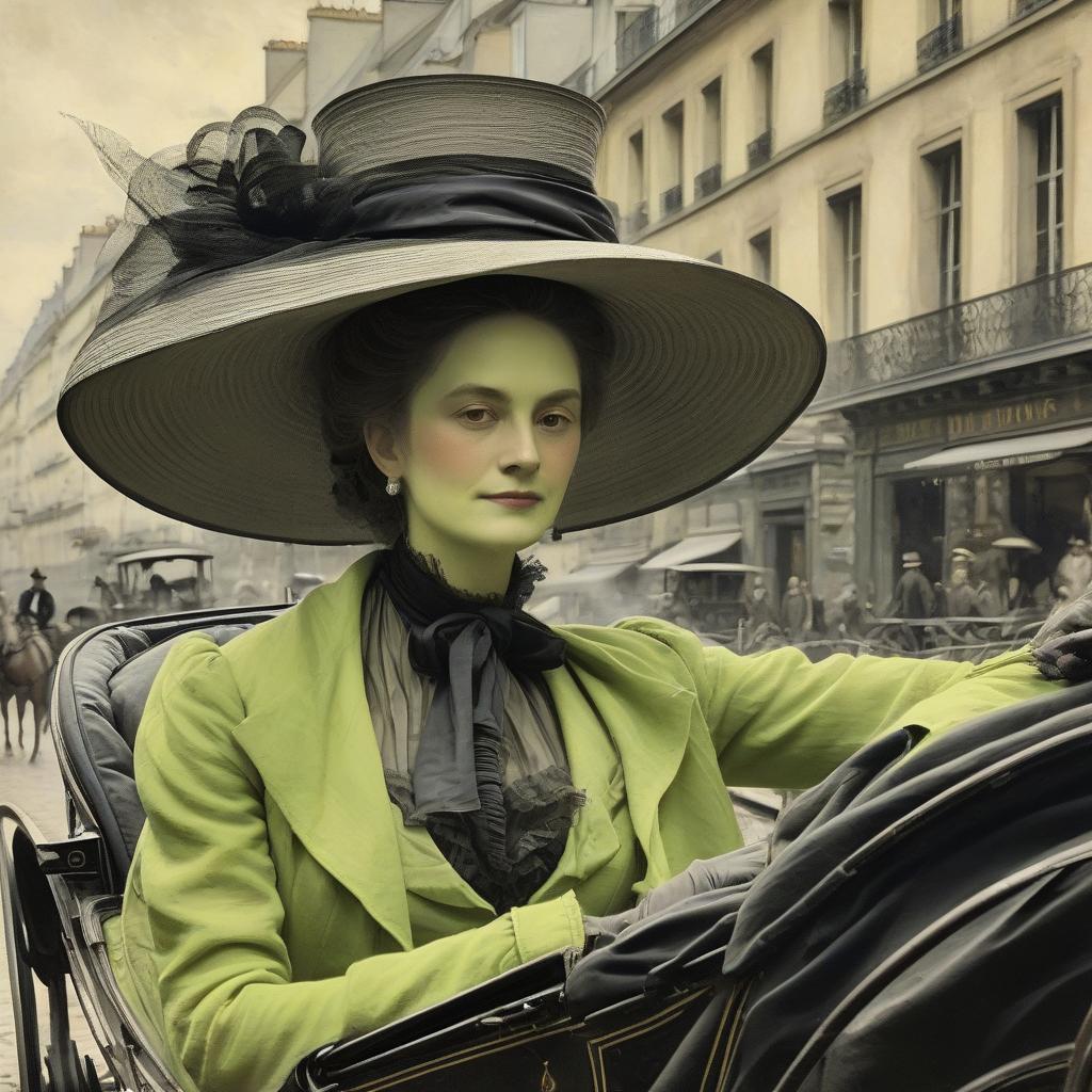  painting with charcoal on lime. a beautiful 19th century lady in a wide hat sits in a carriage against the background of a paris street.