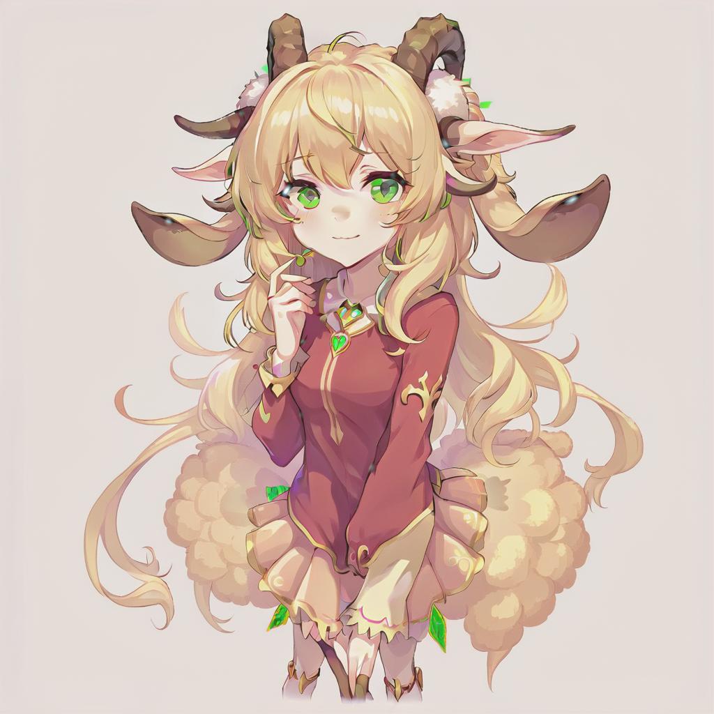  anime artwork anthropomorphic goat, blonde, long hair, curls, bangs, dressed in fairy core style, green eyes. a picture is an avatar for vitubing, neutral color background . anime style, key visual, vibrant, studio anime, highly detailed