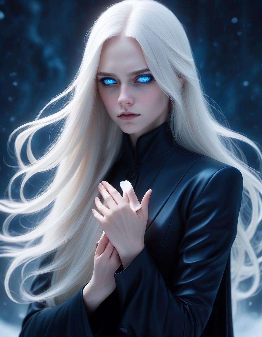  a girl with superpower, lets the cold out of her palm, stands half turned, visible to the waist, white long loose hair, modern dark clothes, bright blue eyes, pale complexion