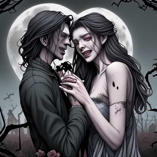  The Lovers” – Zombie Edition: Design a tarot card titled “The Lovers” where the two figures are zombies holding hands, with tattered clothes and missing limbs. Instead of a heart, there’s a broken gravestone with vines wrapping around it. The background features a full moon, a graveyard, and a misty atmosphere. The zombies are smiling in a goofy, endearing way, with one holding a bouquet of dead flowers.