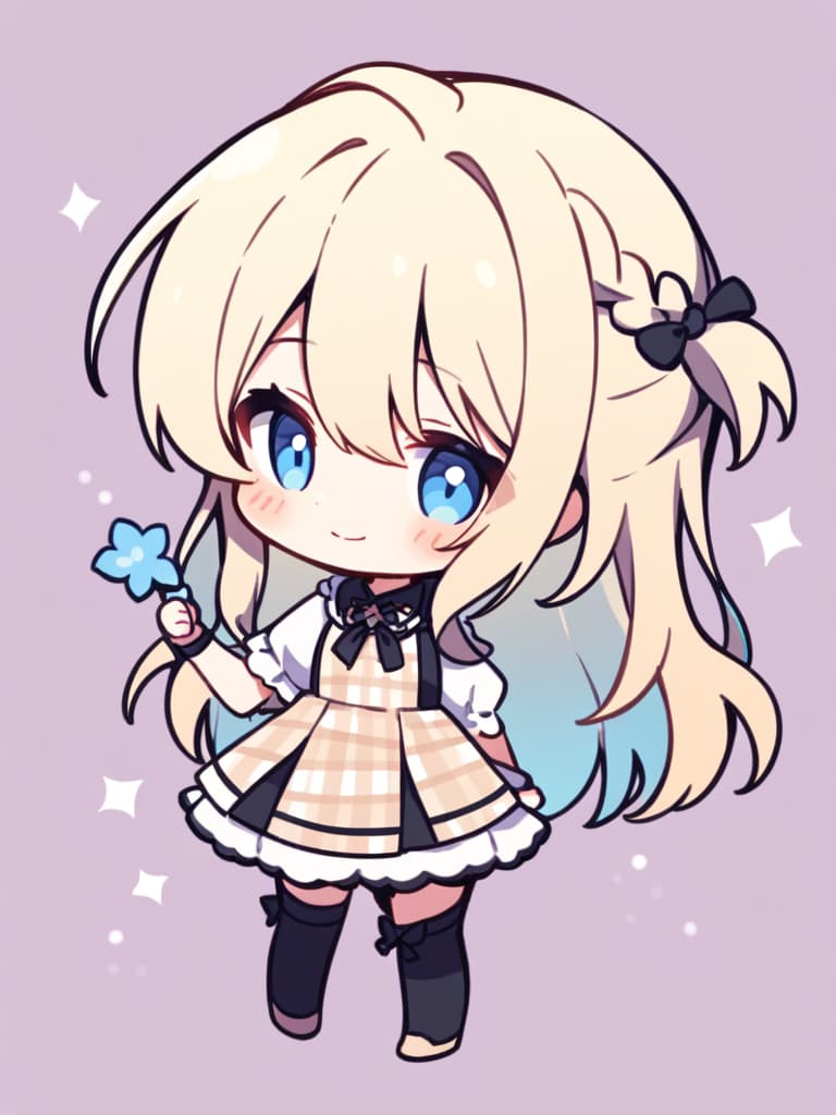  ((cute,nemophila,holding light blue nemophila,beige hair,milk beige hair,smiling face,long hair,braids,half up,side braids,mini character,cute,girly clothes,checked dress,black ribbon,blue))、(absurdres,highres,superlative,texture,contrast,top quality),break (solo,girl,kawaii,very cute face,(full body,chibi:1.5)