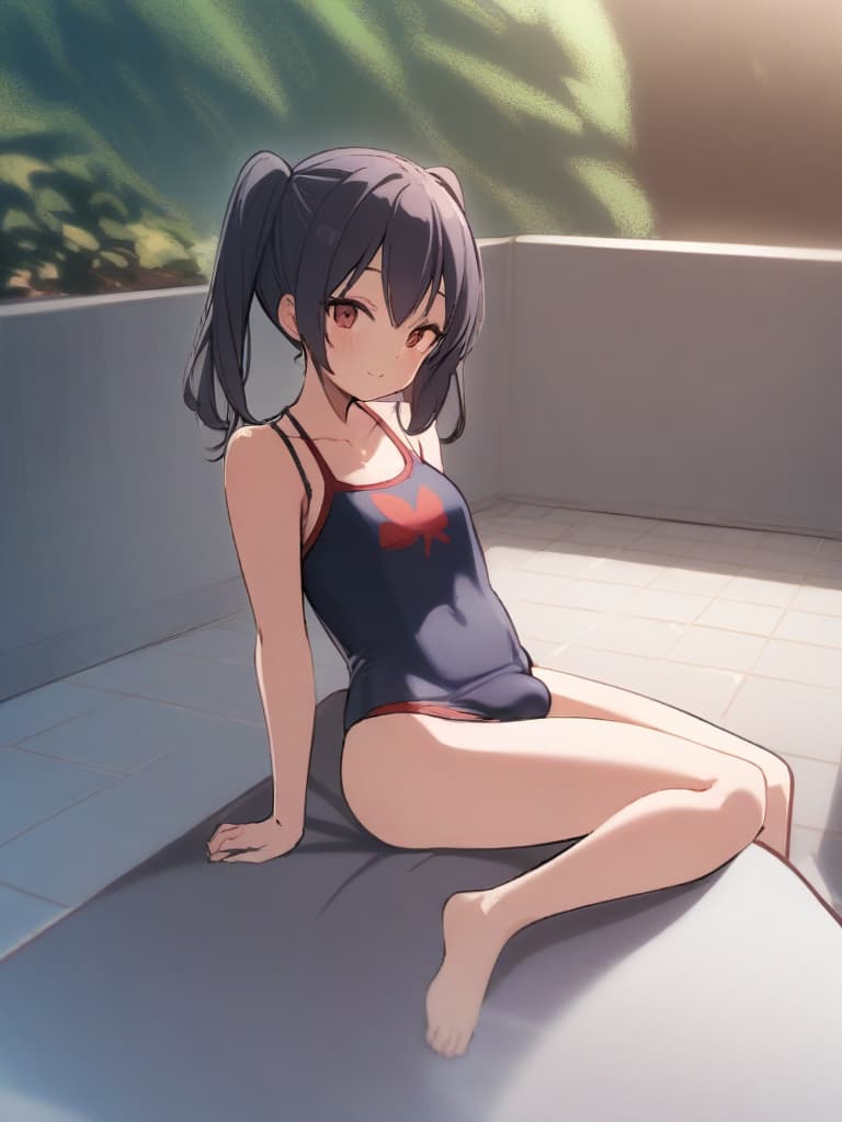  women's elementary students (male), twin tails, cute smiles, rich s, low stature, dark blue swimwear, old swimwear, , simple, , (bulge), male (bulging), front, whole body, pool side,