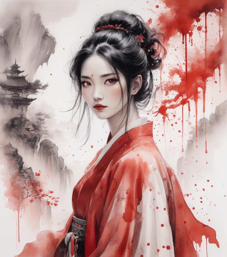  a painting of a woman in red with black hair, in the style of delicate ink washes, epic fantasy scenes, chinese painting, splattered/dripped, white background, traditional costumes, soft focus lens