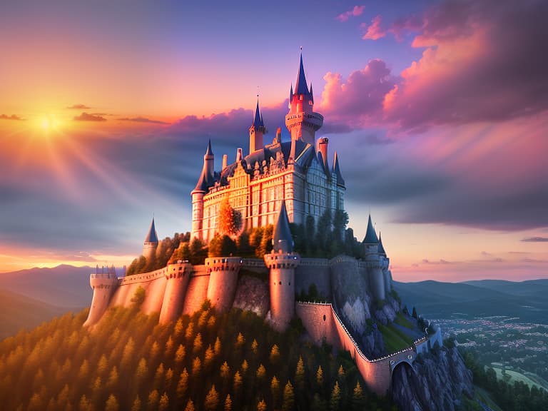  magnificent majestic royal castle on a hill at sunset on a summer day, realistic photo