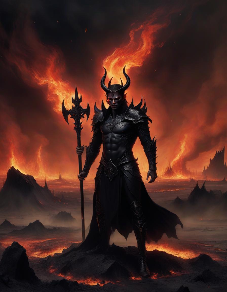  lucifer in black armor in a black crown with black obsidian eyes with a broken spear in his hands cries with fire, he stands on a rock in the middle of an ash wasteland and looks into the fiery sky.