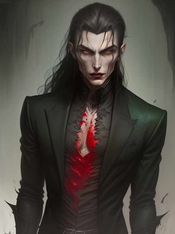  mysterious handsome vampire brunette green eyes black jacket tattoo, dark , creepy , blood , monsters , by jason engle , carlos huante , charlie bowater , simon lee , brom