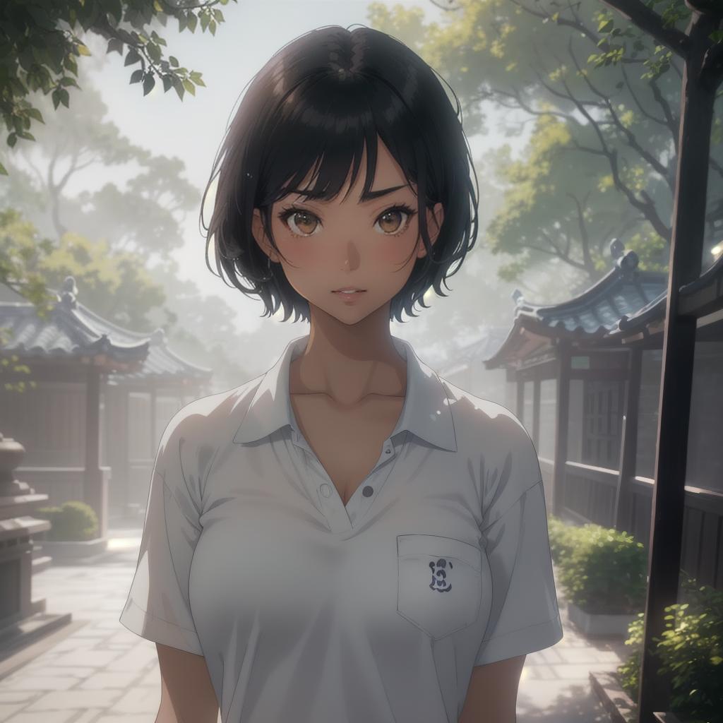  (((anime full torso frontal head shot of a light tan skin tone woman))), da eun nari cho, ((korean heritage)), immature face, brown eye color, ((short hair style)), ((black hair color)), (( body type)), small size, small size, (immature small rounded nose), (immature high cheekbones), (immature smooth jawline), (immature medium lips), (immature broad forehead), (immature natural eyebrows), (immature dimpled chin), standing straight looking directly into the camera,((wearing fitted polo shirt with deep v neck and monogrammed pocket)), backyard in background, 1girl, best quality, highest quality, award winning photo, masterpiece, raw, professional photography, photorealism, sharp focus, cinematic, high resolution, sharp hyperrealistic, full body, detailed clothing, highly detailed, cinematic lighting, stunningly beautiful, intricate, sharp focus, f/1. 8, 85mm, (centered image composition), (professionally color graded), ((bright soft diffused light)), volumetric fog, trending on instagram, trending on tumblr, HDR 4K, 8K