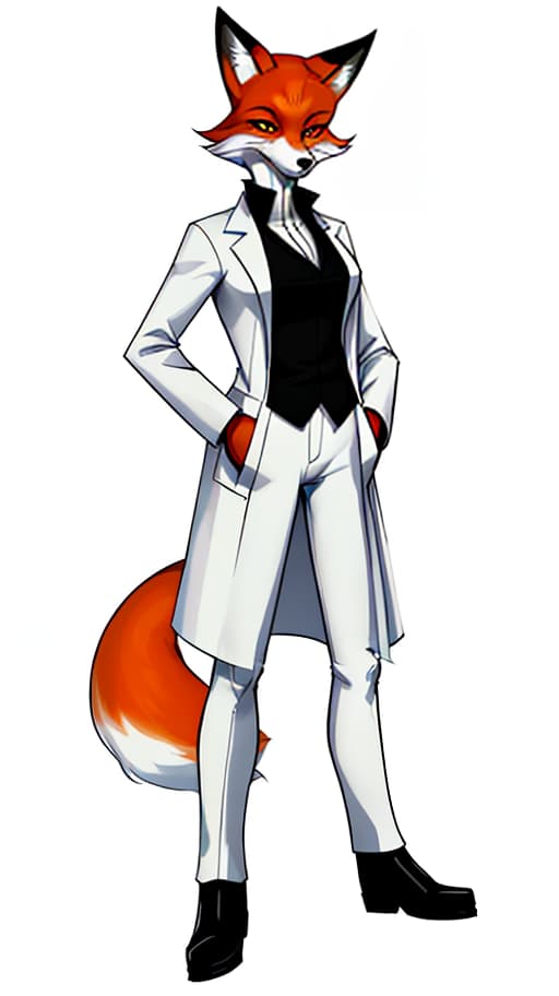  full length, anthropomorphic fox scientist, collaborator in white coat and black boots, 2d