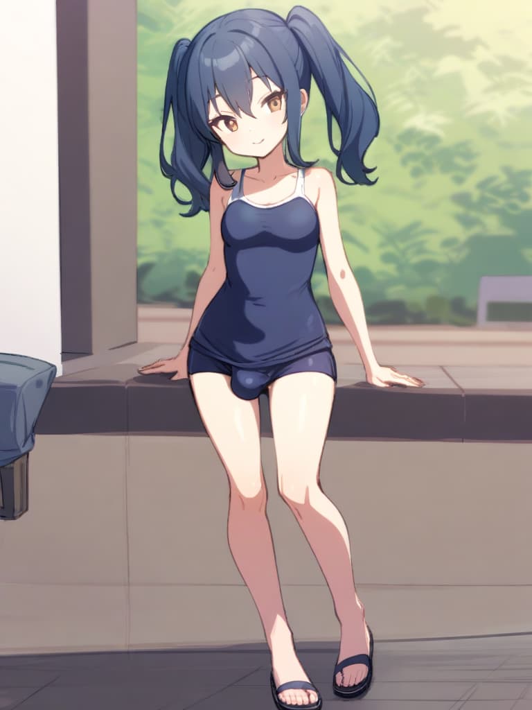  women's elementary students (male), twin tails, cute smiles, rich s, low stature, dark blue swimwear, old swimwear, , simple, , (bulge), male (bulging), front, whole body, pool side,