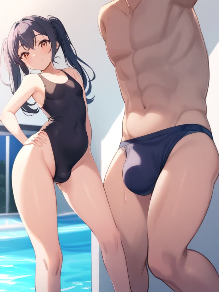  women's elementary students (with male), twin tails, cute smiles, rich s, short stature, dark blue swimwear, old swimwear, swimwear, simple, (swelling), upward, (bulge), front, whole body, pool side,