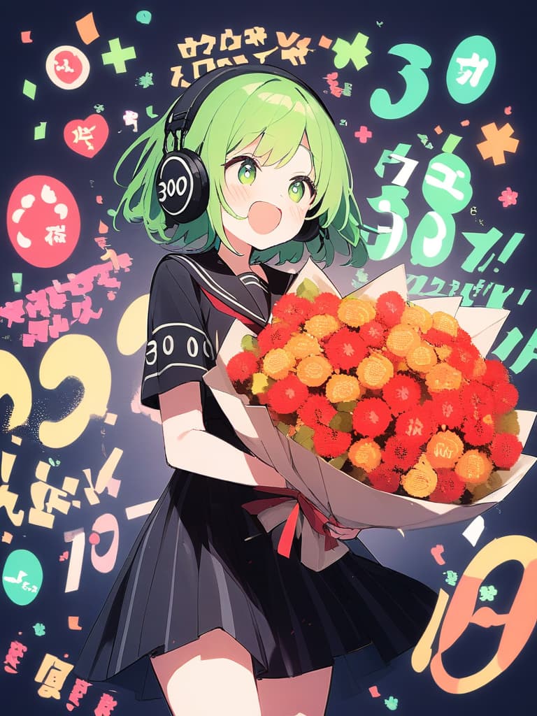  a girl with short green hair is laughing and crying loudly while holding a colorful bouquet of flowers,wearing headphones,and wearing a black sailor uniform with a red ribbon,with the number (((3000:1.8))) and the words ((("thank you":1.8))) displayed in large letters.