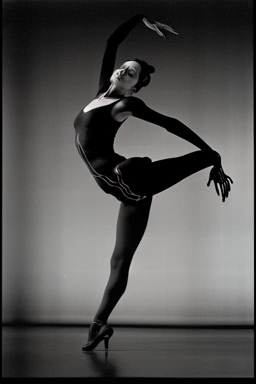  (absolutely black background) and lower lighting, the black narrow tights tightly fit the graceful figure of the dancer with (beautiful face). on the dancer (black) shoes (high heel: 1.2). on (all black tights: 1.1) is superimposed anatomical print of the skeleton, the print is made of (fluorescent) paint and (imitates the real skeleton: 1.3). full length image from a lower angle. the graceful plasticity of dance movements fascinates and attracts the attention of the viewer. original position in dance: half turn, dynamic strip dance., dynamic, action packed, thrilling, by neil leifer, walter iooss jr., bob martin, eadweard muybridge, robert capa