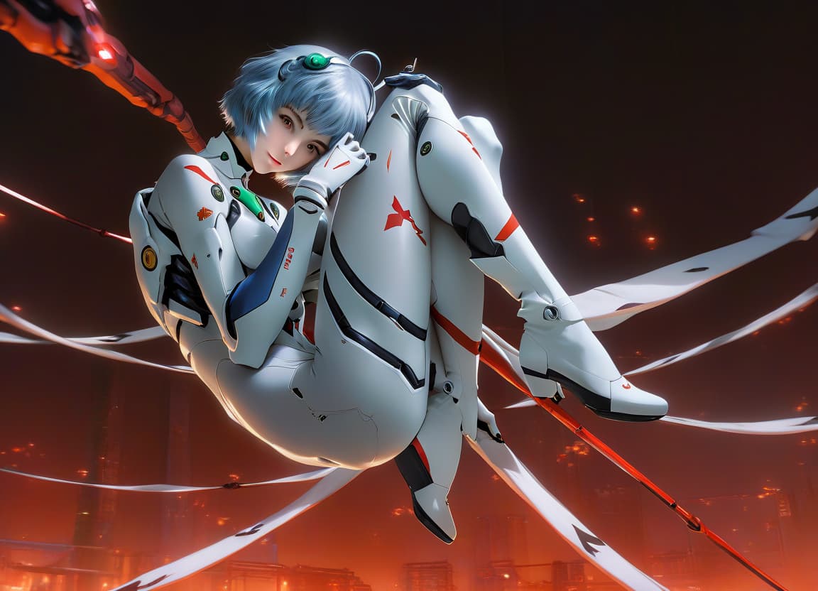  cinematic photo anime girl floating above the air with her legs up in the air and her, rei ayanami, rogue anime girl ayanami rei, evangelion, nixeu, pixiv 3dcg, evangelion anime, at pixiv, sci fi concept art, ayanami, featured on pixiv,looking at the viewer, reclining position, hyperrealism, 3d style, bloody style,bloody gradient in the background, one girl, two legs , парит в воздухе . 35mm photograph, film, bokeh, professional, 4k, highly detailed, film photography style hyperrealistic, full body, detailed clothing, highly detailed, cinematic lighting, stunningly beautiful, intricate, sharp focus, f/1. 8, 85mm, (centered image composition), (professionally color graded), ((bright soft diffused light)), volumetric fog, trending on instagram, trending on tumblr, HDR 4K, 8K