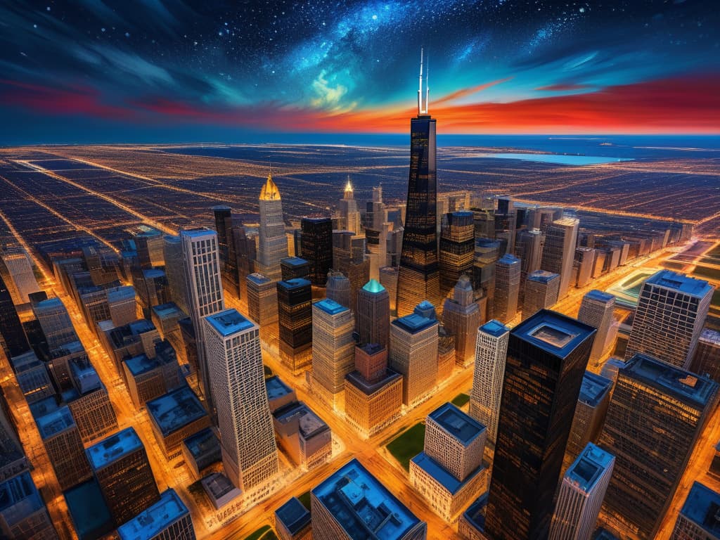  ethereal fantasy concept art of chicago’s sears tower, chicago’s crain’s communications building, drone view, tilt shift, van gogh's starry starry night with colorful red and orange swirls in the beautiful night sky, cloud gate reflects the colorful van gogh swirls in the sky, hyper realistic, chicago skyline, mesmerizing, intricate details, flambient golden and red sunrise, dramatic lighting, epic composition, wide angle, cinematic, masterpiece, high resolution, sharp details, best quality, 4k, raw photo, van gogh influence, studio lighting, impressionist, bold colors, starry sky, architectural elements, medium format lens, high angle, cityscape, city life, metropolitan, van gogh's brushstrokes, van gogh's shadows, van gogh's colors,