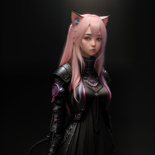  A girl, pink hair, mid length hair, black clothing, cat ears, realistic, conventional, literal hyperrealistic, full body, detailed clothing, highly detailed, cinematic lighting, stunningly beautiful, intricate, sharp focus, f/1. 8, 85mm, (centered image composition), (professionally color graded), ((bright soft diffused light)), volumetric fog, trending on instagram, trending on tumblr, HDR 4K, 8K
