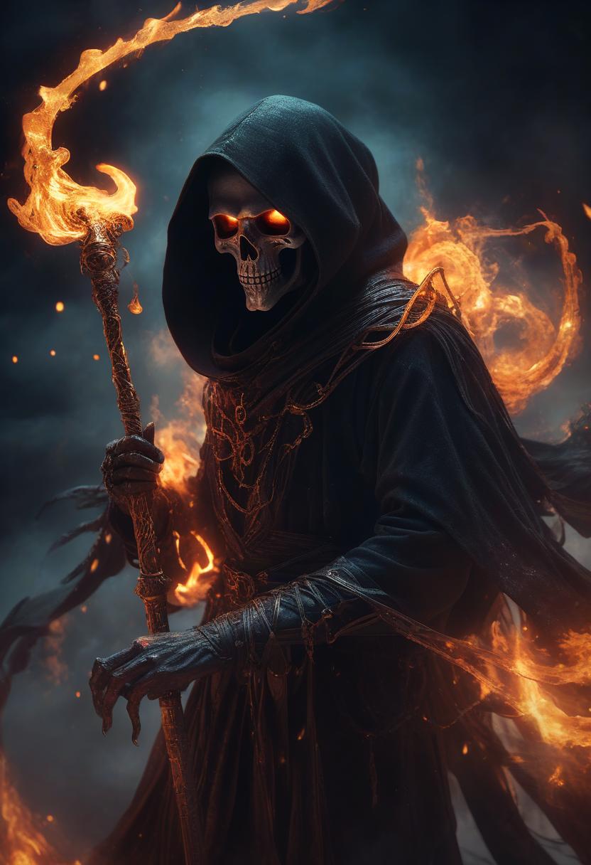  an intangible character, an ephemeral phantom reaper in the dark fantasy style, with his whip, embraced by flame, he tears time and space, close up, an epic plot with double exposure, full hd, (((8k)))