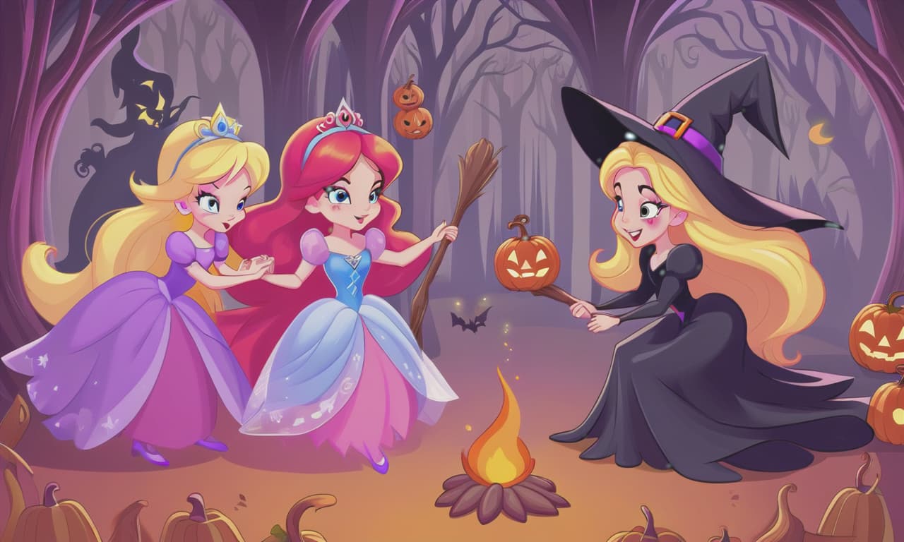  cartoon princesses playing with witches