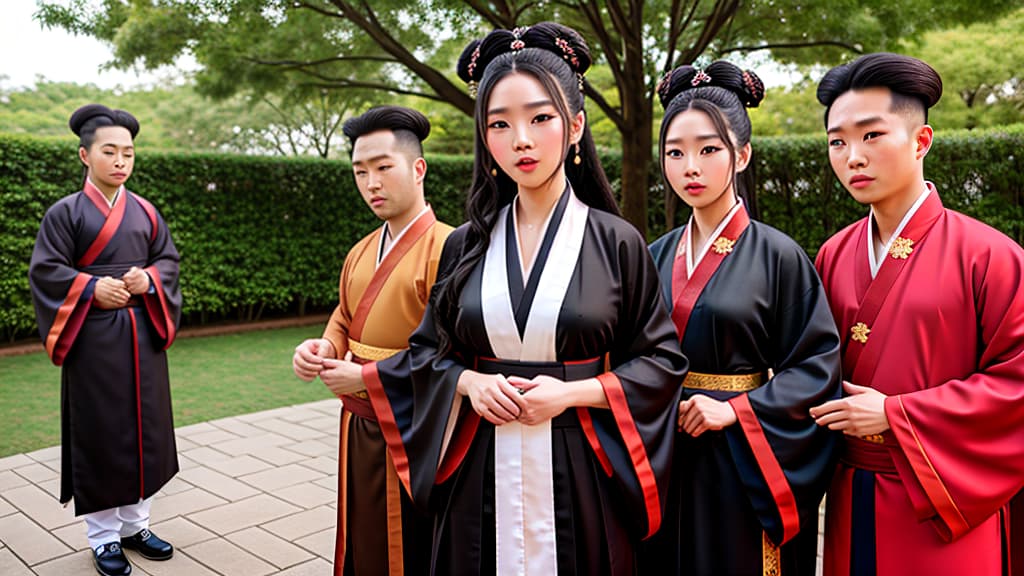  cute black on her with multiple men standing over her with their s out , hanfu