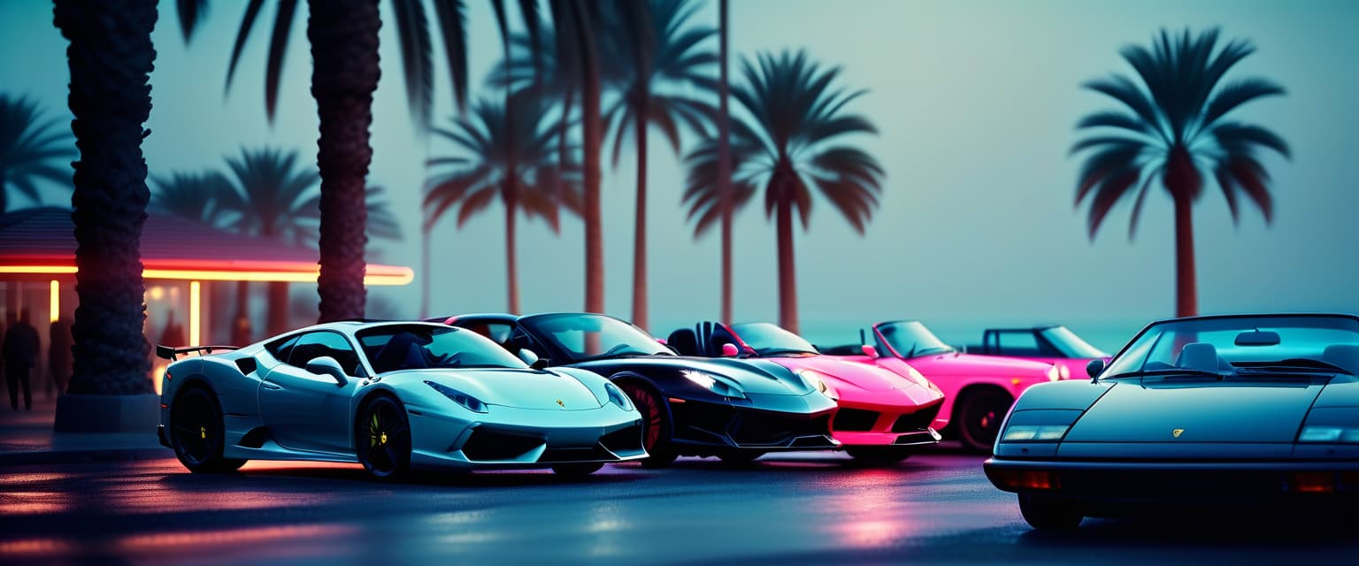  cinematic film still palm trees, three cars ferrari lamborghini porsche, near the sea stand, neon light . shallow depth of field, vignette, highly detailed, high budget, bokeh, cinemascope, moody, epic, gorgeous, film grain, grainy