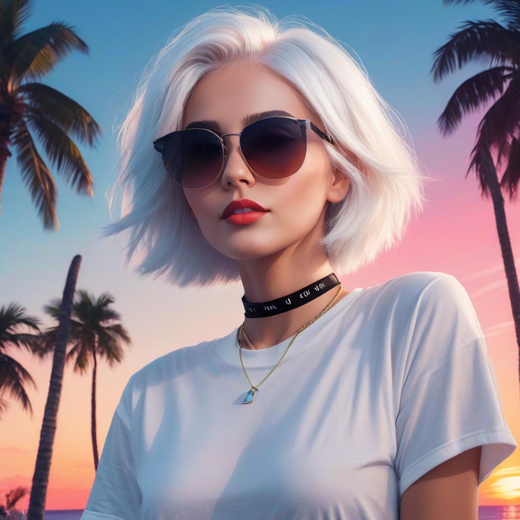  a woman with white hair, a short pixie haircut in sunglasses, a top t shirt, with a choker around her neck, stands against a neon sunset. coast of the sea, shade of palm trees. digital photo. high detail. high realism.